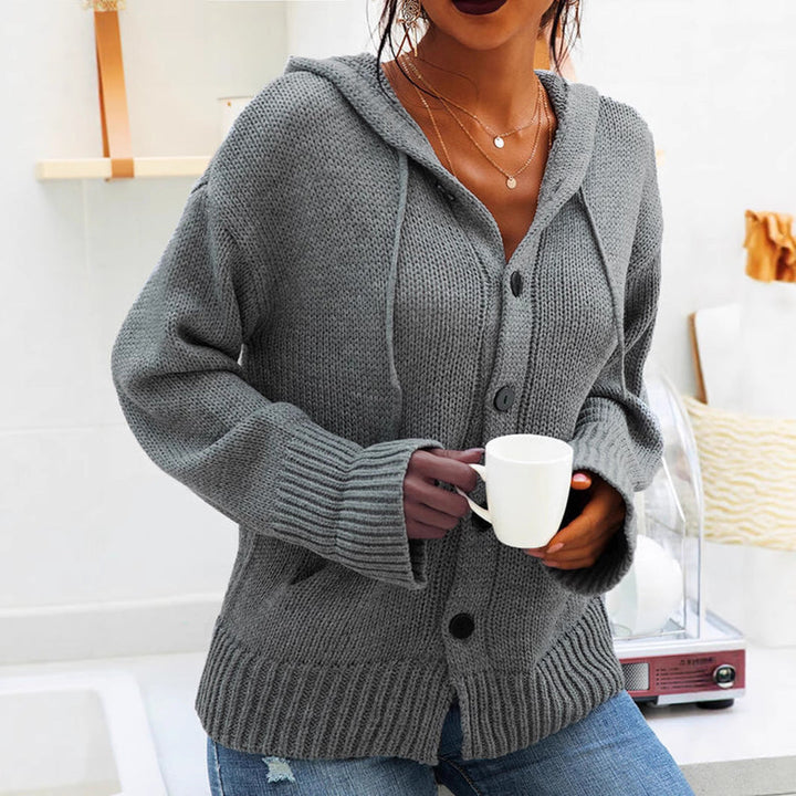 Marisela hooded chunky knit cardigan in gray, front view with hood detail