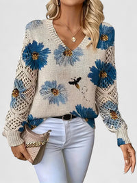 Marisela | Women's Floral V-Neck Crochet Sleeve Sweater