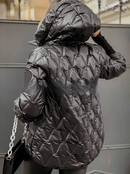 Marisela quilted puffer jacket, back view showing hood up and patchwork texture