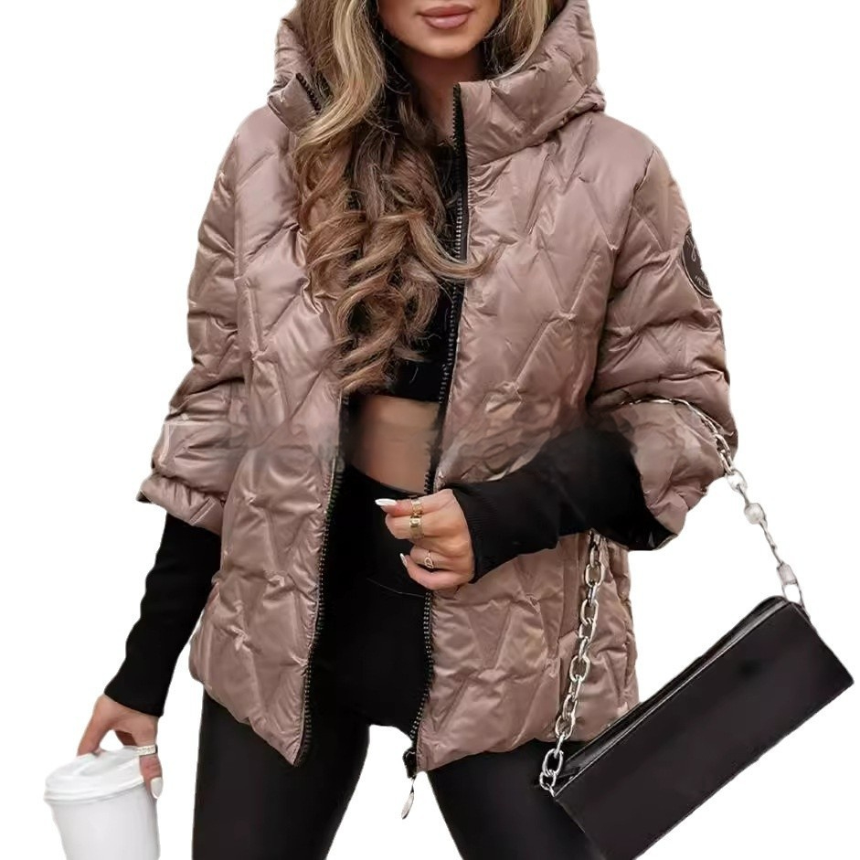 Marisela quilted puffer jacket, back view showing hood up and patchwork texture