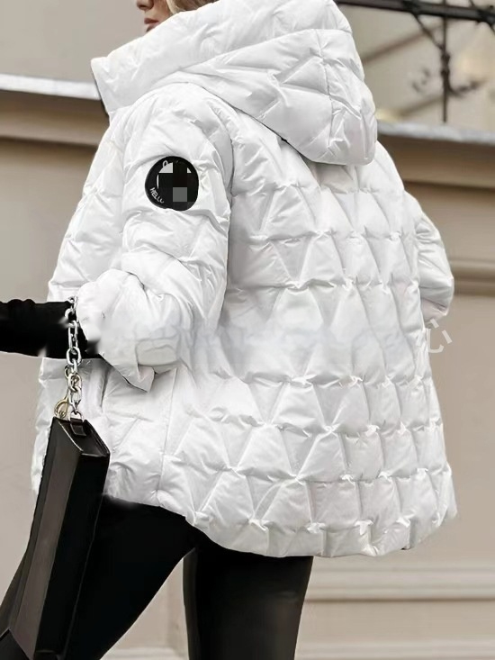 Marisela quilted puffer jacket, back view showing hood up and patchwork texture