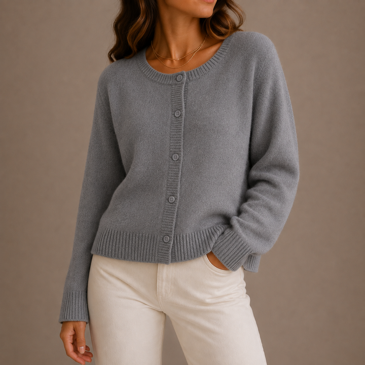 Marisol gray knit button-up cardigan, close-up front view