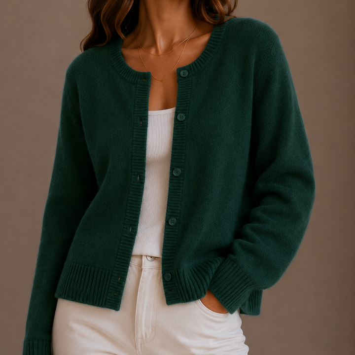 Marisol purple knit button-up cardigan, close-up front view