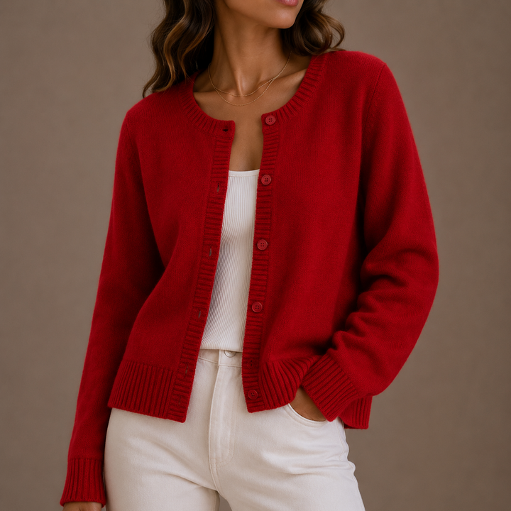 Marisol purple knit button-up cardigan, close-up front view