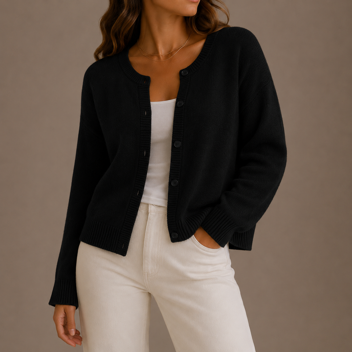 Marisol black knit button-up cardigan, close-up front view
