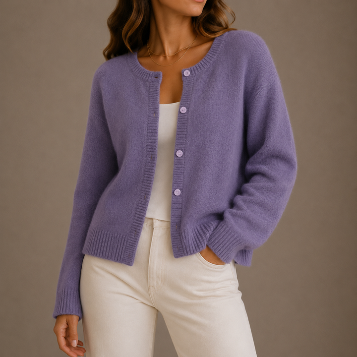 Marisol purple knit button-up cardigan, close-up front view