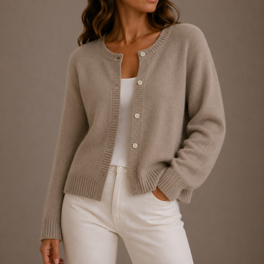 Marisol purple knit button-up cardigan, close-up front view