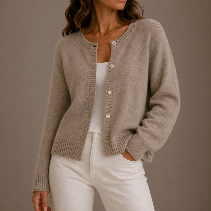 Marisol purple knit button-up cardigan, close-up front view