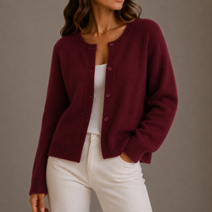 Marisol purple knit button-up cardigan, close-up front view