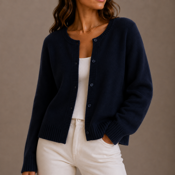 Marisol purple knit button-up cardigan, close-up front view