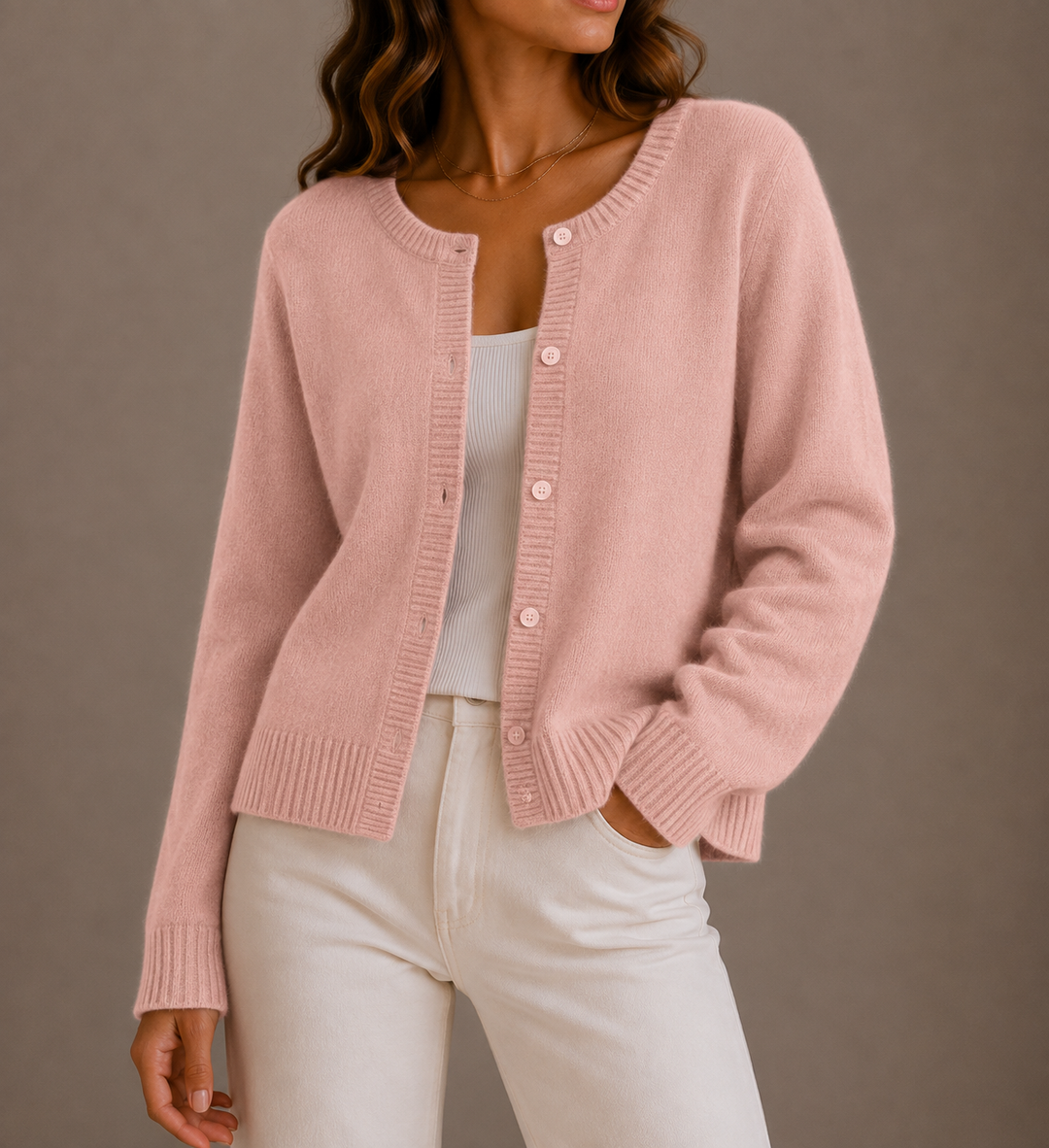 Marisol purple knit button-up cardigan, close-up front view