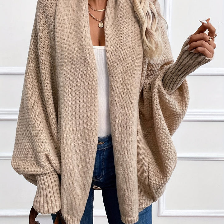 Marisol draped shawl-collar cardigan in beige, front view close-up