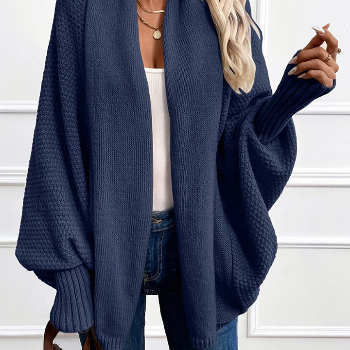 Marisol draped shawl-collar cardigan in navy, front view close-up