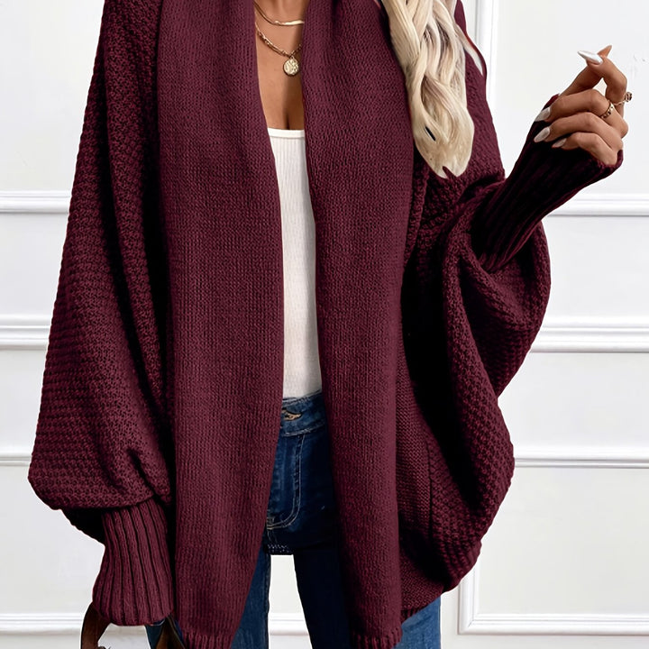 Marisol draped shawl-collar cardigan in burgundy, front view close-up