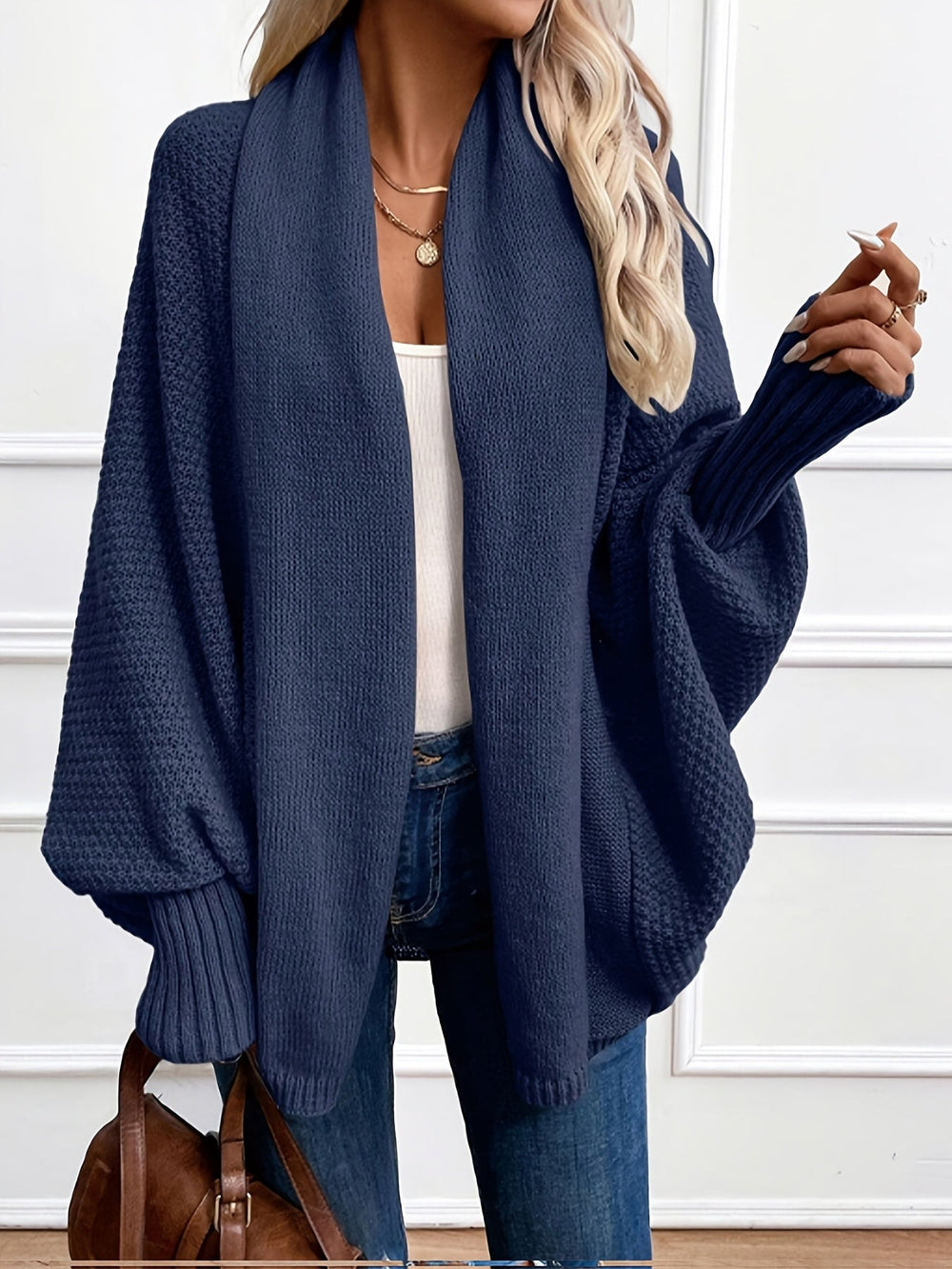 Marisol draped shawl-collar cardigan in navy, front view