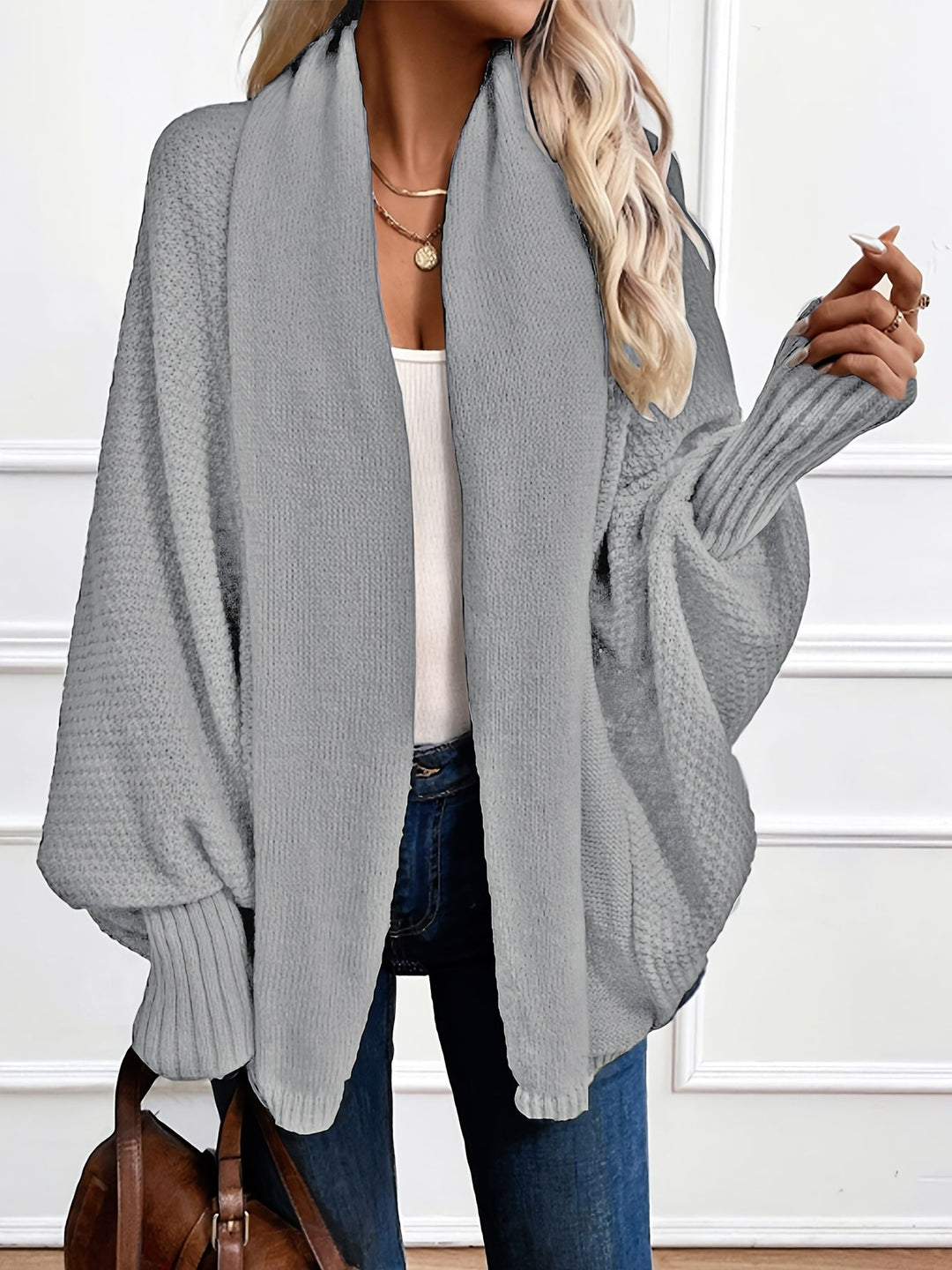 Marisol draped shawl-collar cardigan in grey, front view