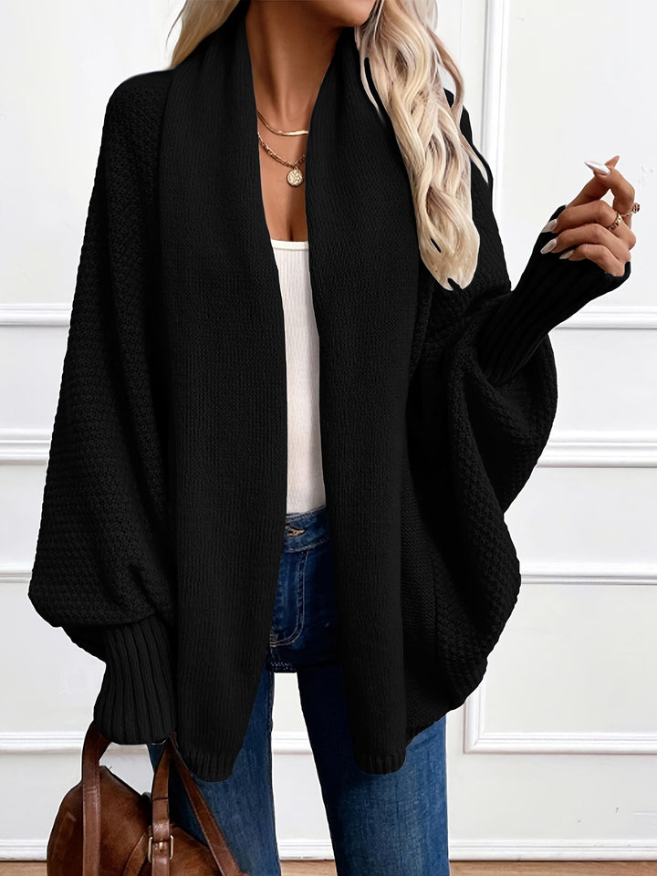 Marisol draped shawl-collar cardigan in black, front view