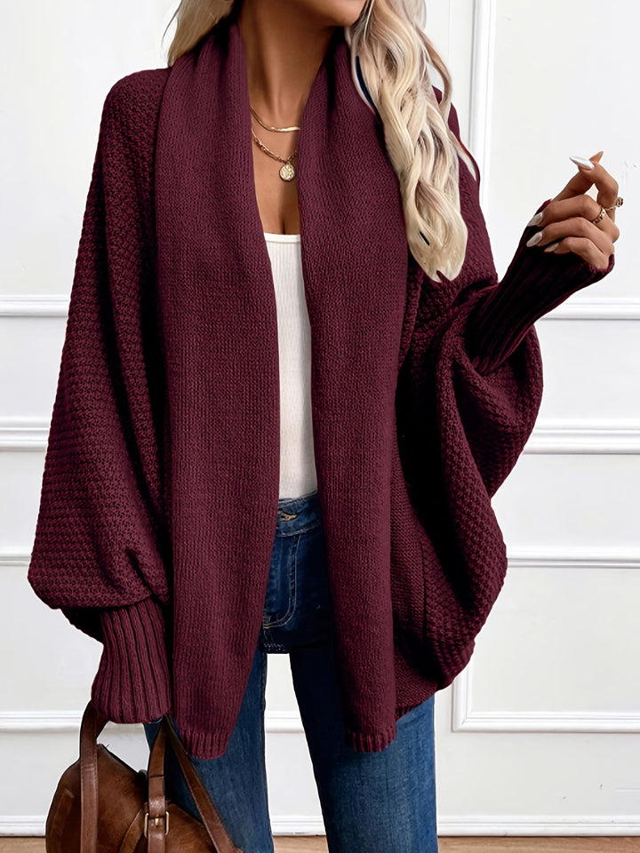 Marisol draped shawl-collar cardigan in burgundy, front view