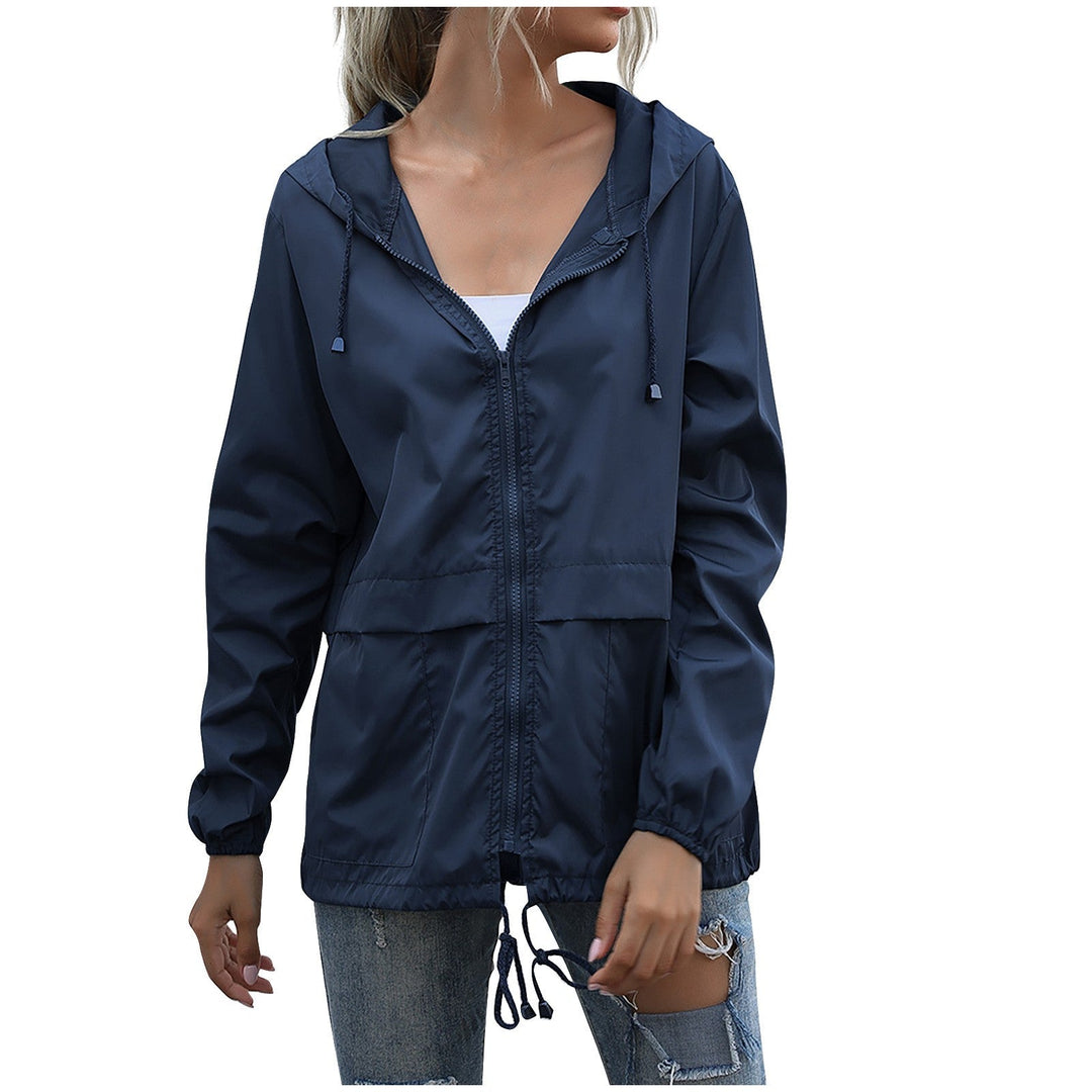 Marisol navy hooded zip-up rain jacket, front view