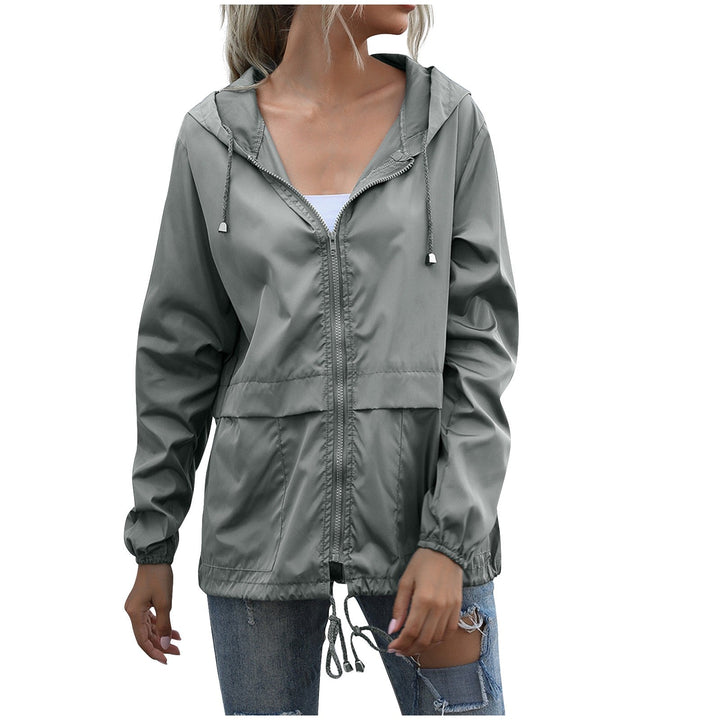 Marisol light gray hooded zip-up rain jacket, front view
