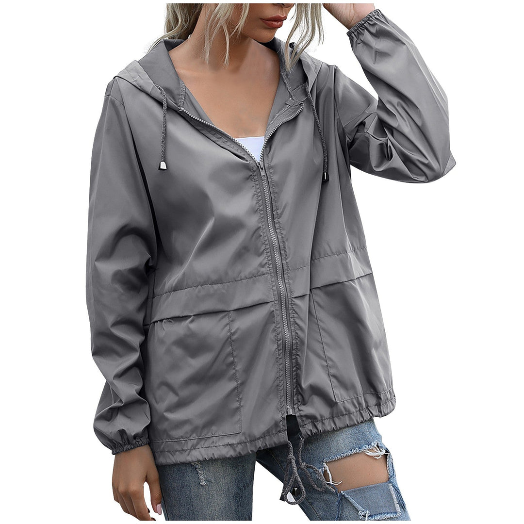 Marisol dark gray hooded zip-up rain jacket, side view