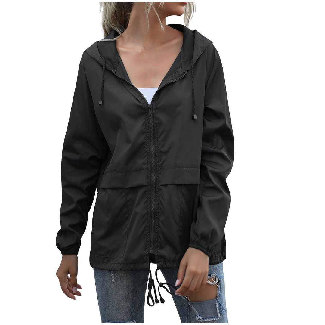 Marisol black hooded zip-up rain jacket, front view
