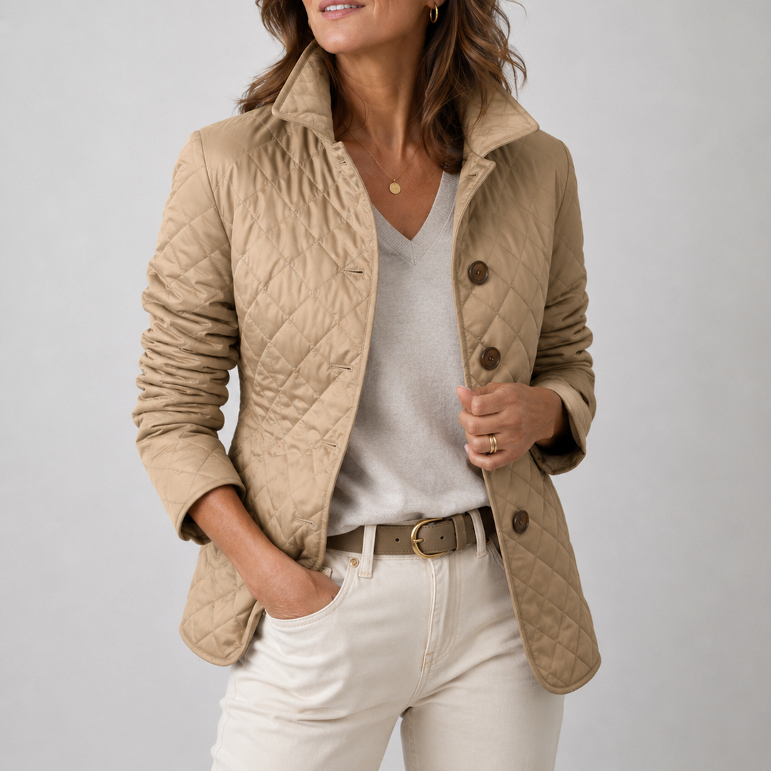 Marisol lightweight quilted jacket in beige, close-up front view with buttons