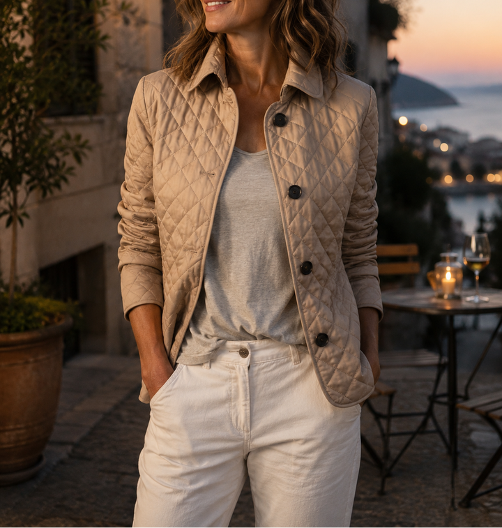 Marisol quilted jacket in beige, styled outdoors at sunset