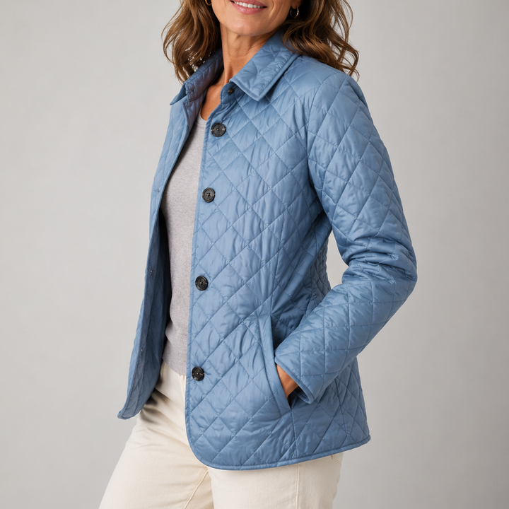 Marisol quilted jacket in light blue, side view with hands in pockets