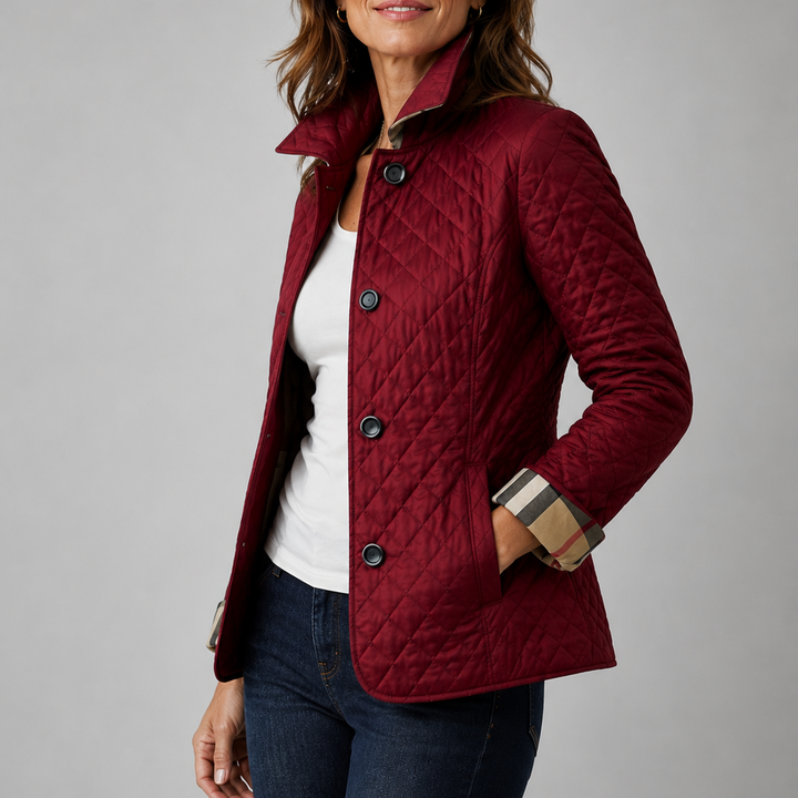 Marisol quilted jacket in light blue, side view with hands in pockets