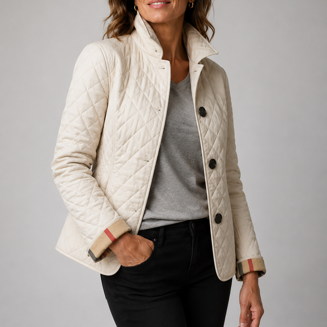 Marisol quilted jacket in light blue, side view with hands in pockets
