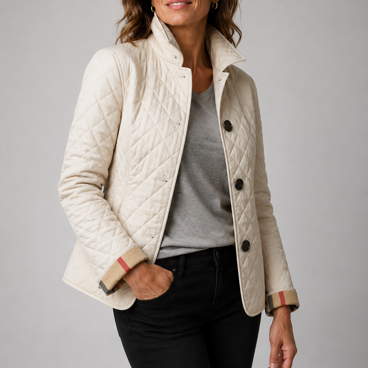 Marisol quilted jacket in light blue, side view with hands in pockets