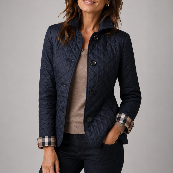 Marisol quilted jacket in light blue, side view with hands in pockets