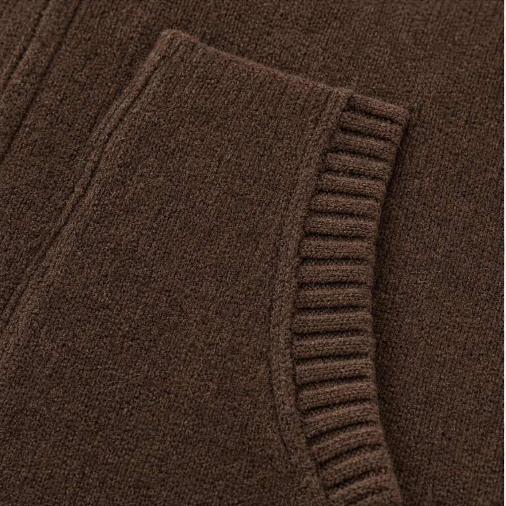 Marisol brown hooded knit cardigan, styled view with hood down, mirror reflection