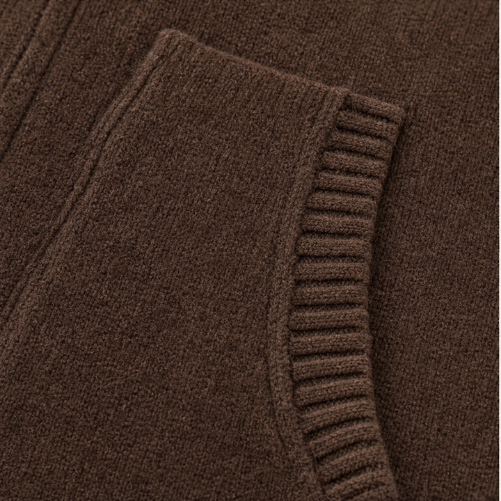 Marisol brown hooded knit cardigan, styled view with hood down, mirror reflection