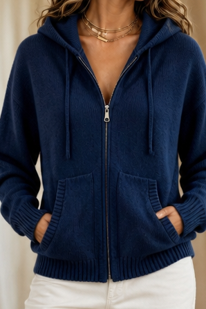 Marisol brown hooded knit cardigan, styled view with hood down, mirror reflection