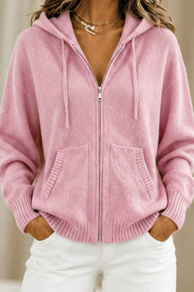 Marisol brown hooded knit cardigan, styled view with hood down, mirror reflection