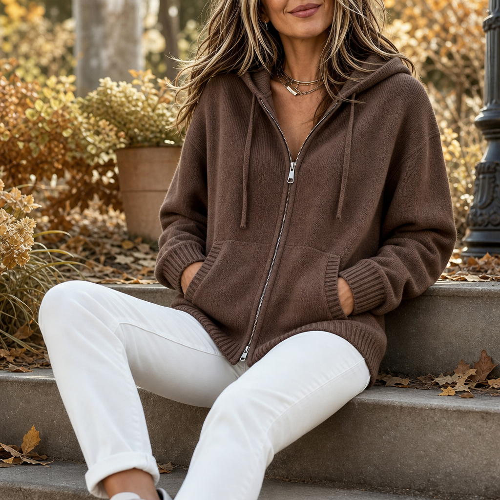 Marisol brown hooded knit cardigan, styled view with hood down, mirror reflection