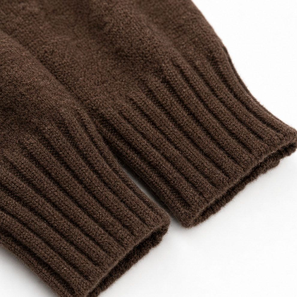 Marisol brown hooded knit cardigan, styled view with hood down, mirror reflection