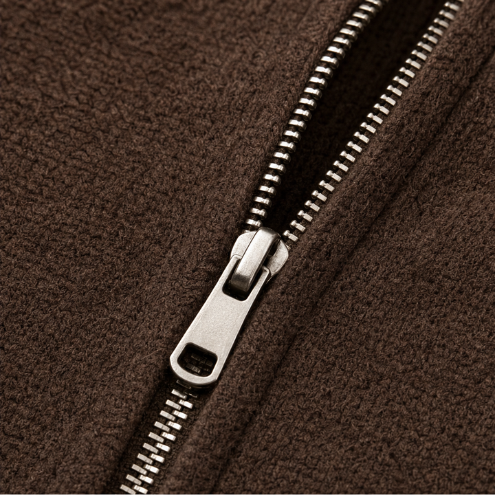 Marisol brown hooded knit cardigan, styled view with hood down, mirror reflection