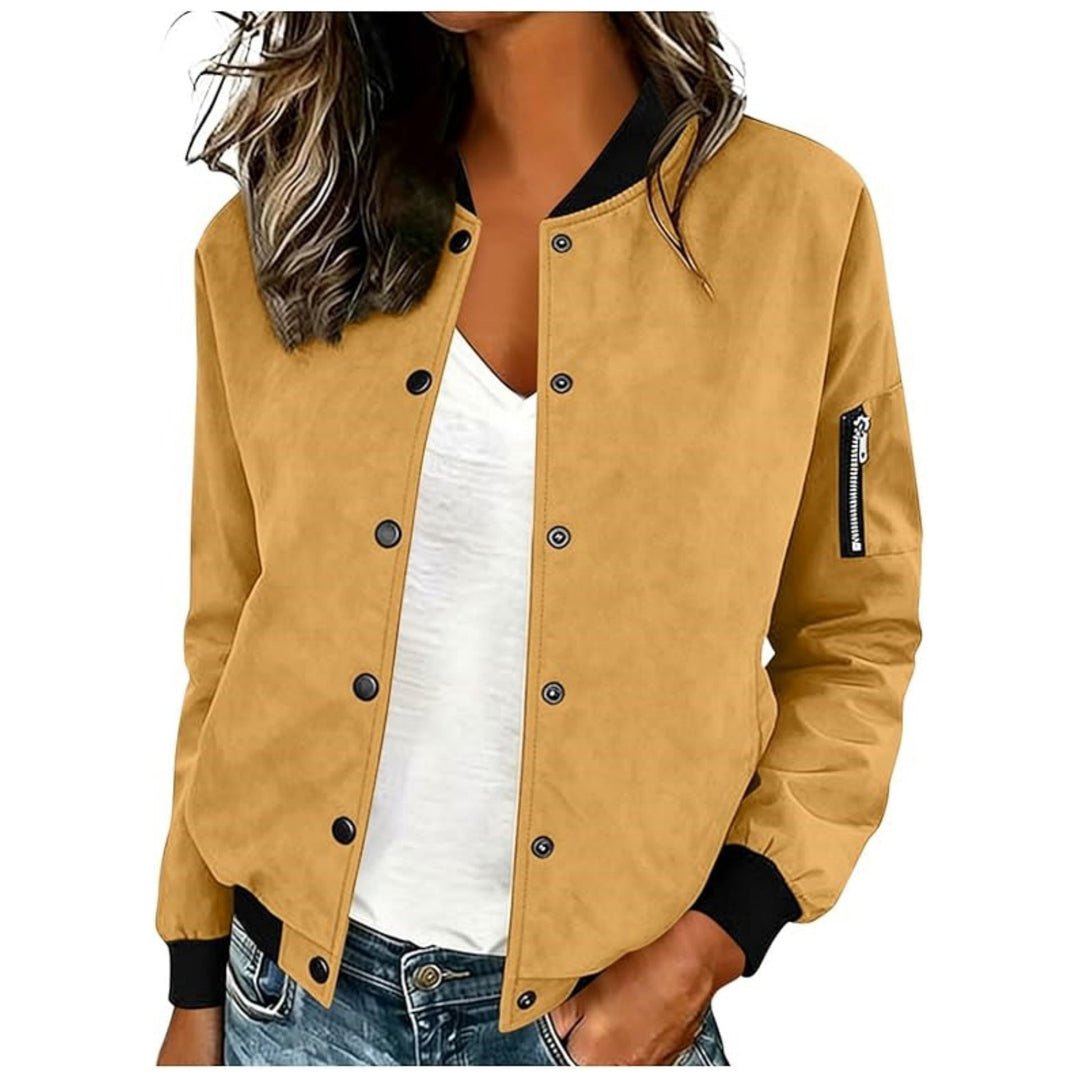 Marisol snap button bomber jacket in dark red, front view close-up