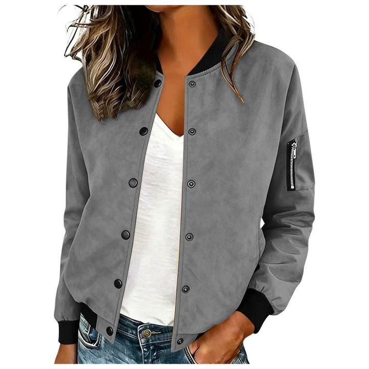 Marisol snap button bomber jacket in dark red, front view close-up