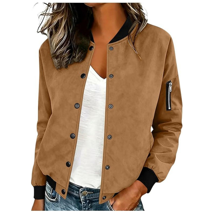 Marisol snap button bomber jacket in dark red, front view close-up