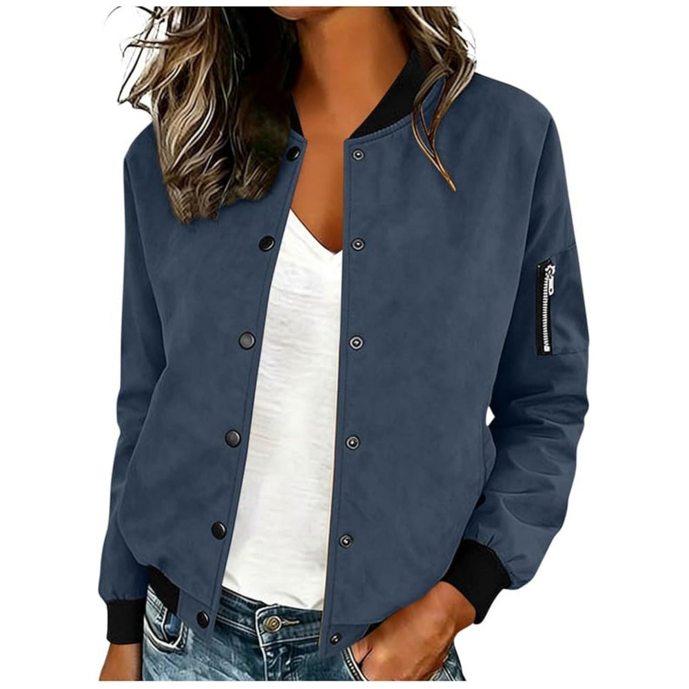 Marisol snap button bomber jacket in navy blue, front view close-up