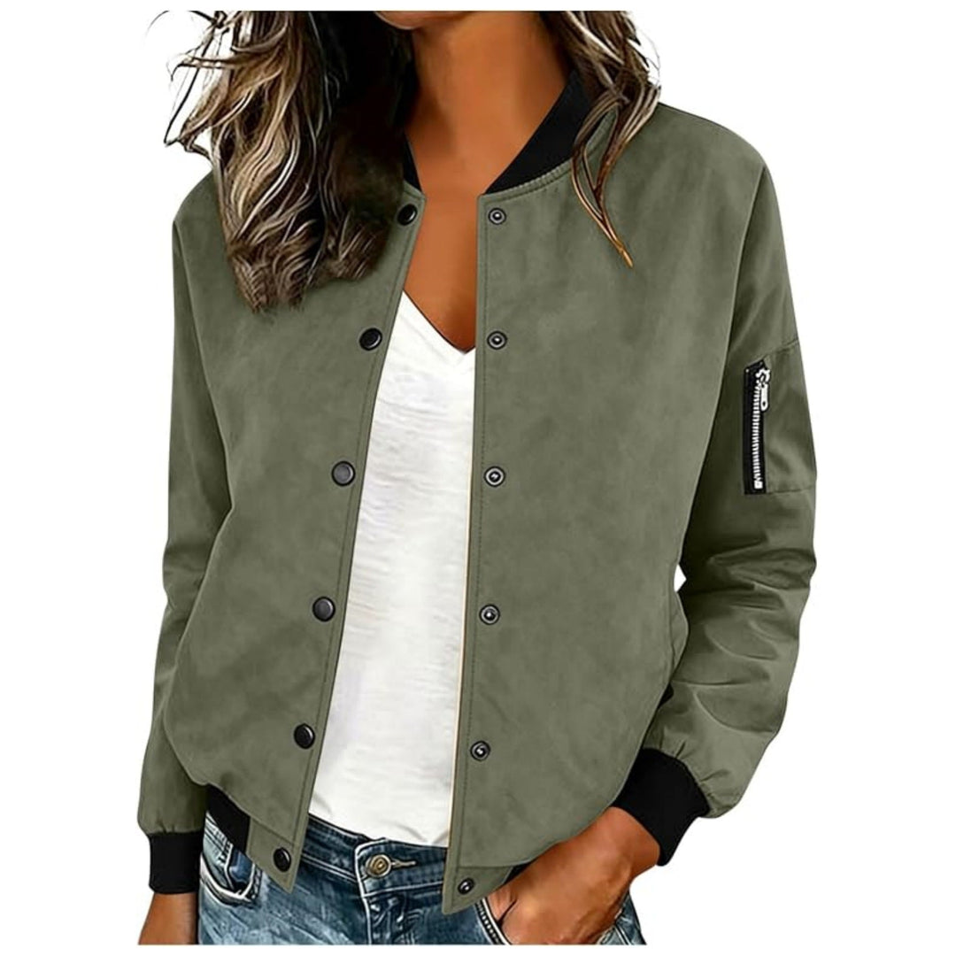 Marisol snap button bomber jacket in olive green, front view close-up