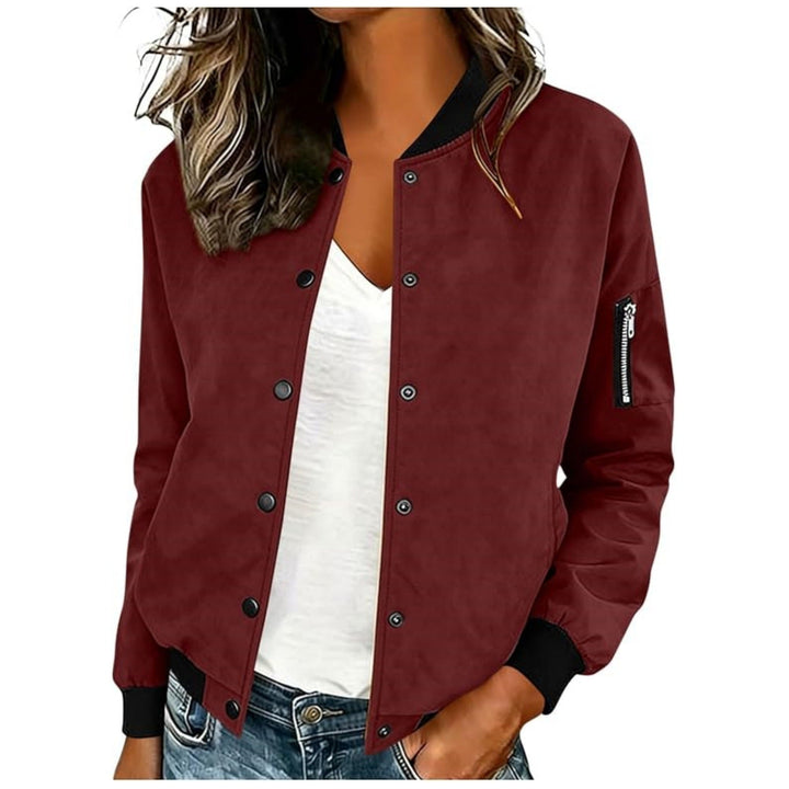 Marisol snap button bomber jacket in dark red, front view close-up