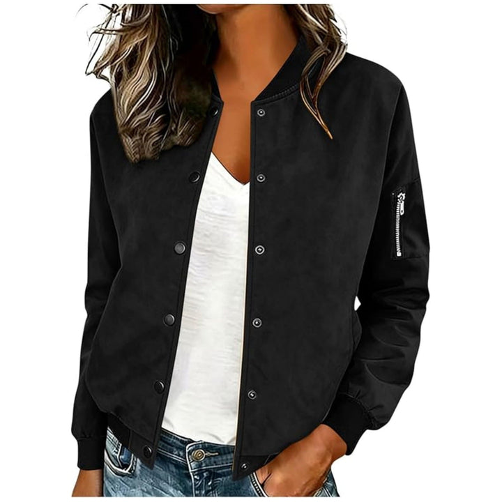 Marisol snap button bomber jacket in dark red, front view close-up