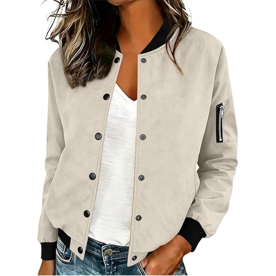 Marisol snap button bomber jacket in dark red, front view close-up