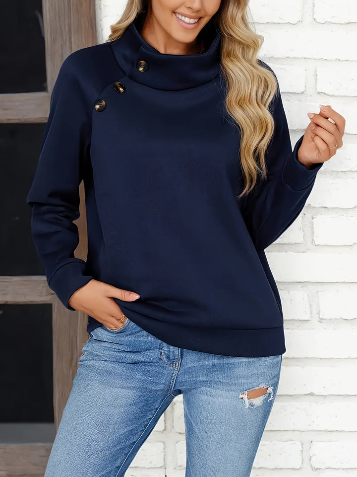 Marisol stand collar sweater with side button closure, front view smiling