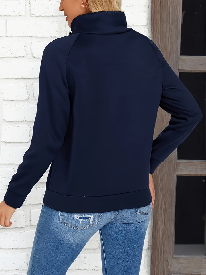 Marisol stand collar sweater, back view showing relaxed fit